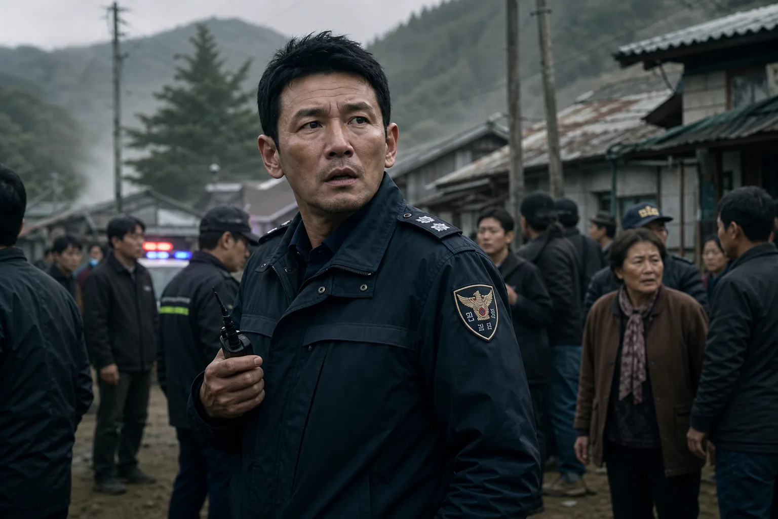 Police officer and village emergency atmosphere in Korean thriller HOPE