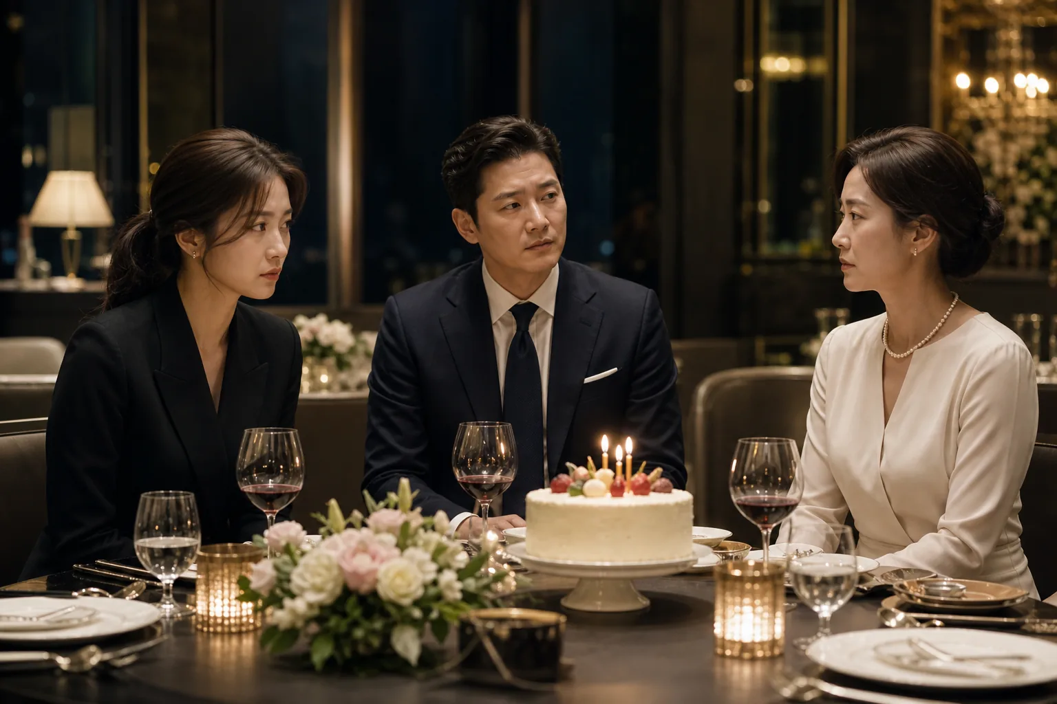 Elegant restaurant dinner scene representing Family Register family tension