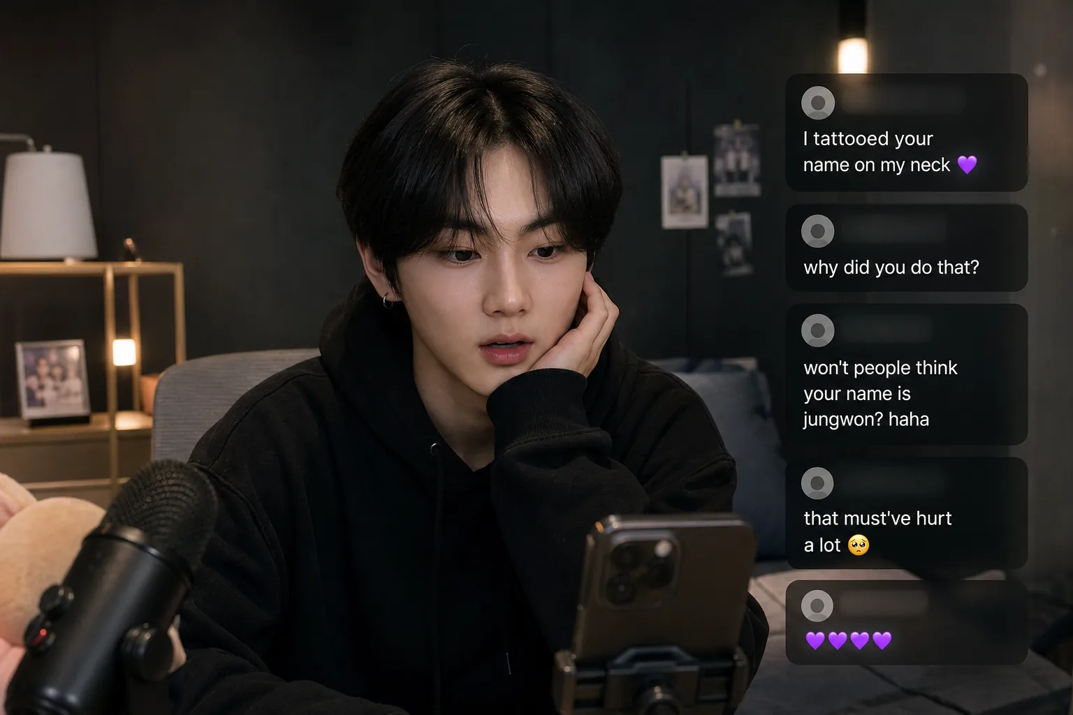 AI generated image of a K-pop idol livestream setup with fan messages on screen