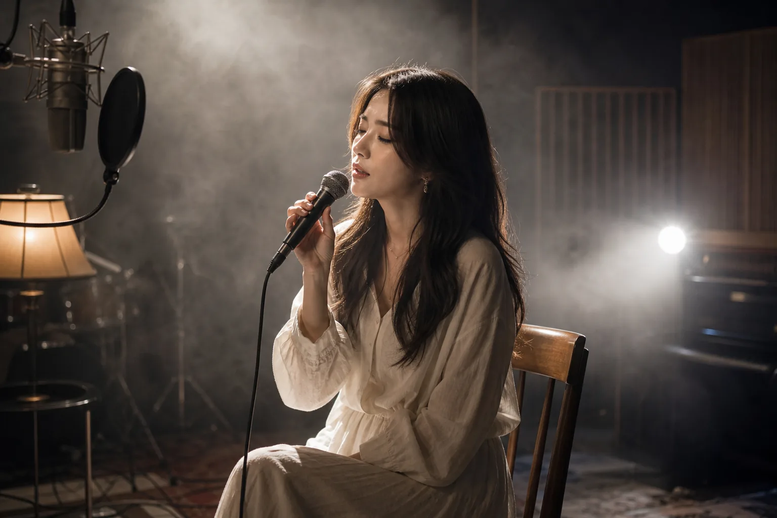AI editorial image of a vocalist performing in a smoky studio setting