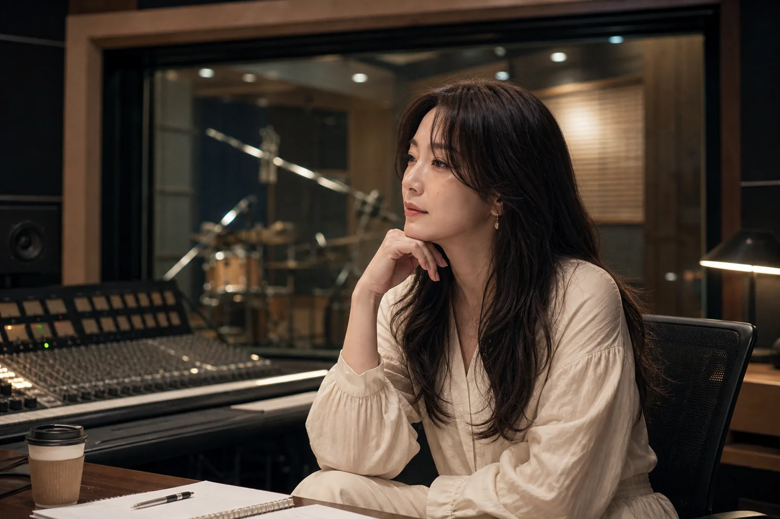 AI editorial image of a veteran Korean singer returning to the music charts