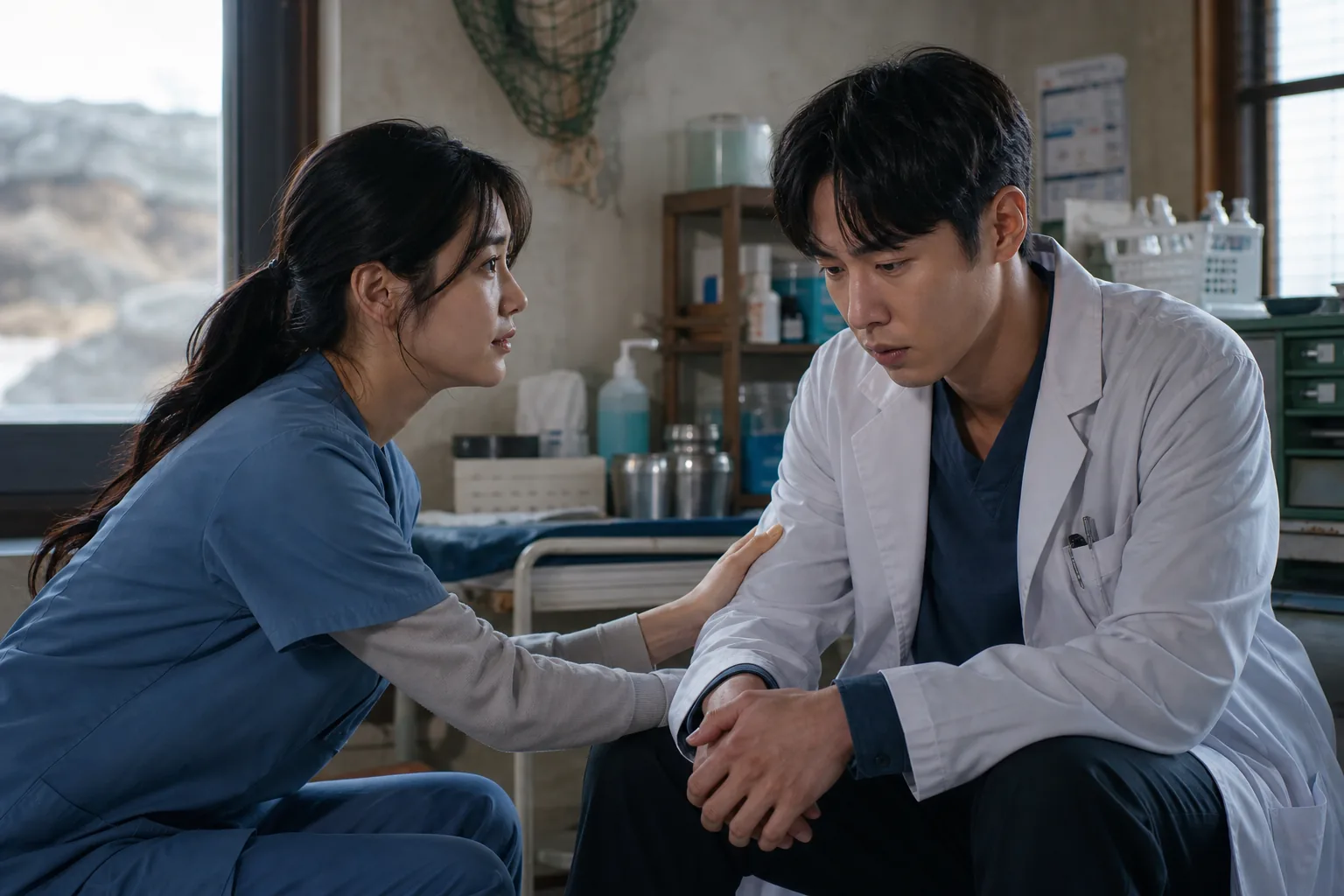 Quiet clinic moment reflecting Yook Ha Ri supporting Do Ji Eui in Doctor On The Edge