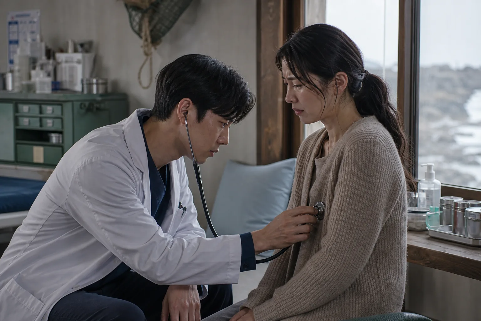 Doctor examining a concerned patient in a remote island clinic drama setting