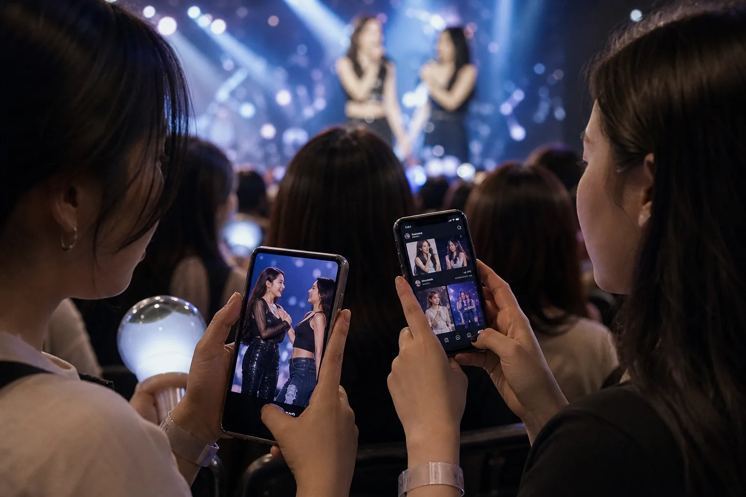 Fans watching a K-pop concert and discussing a viral clip online