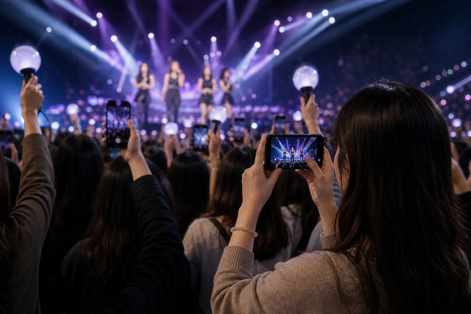 K-pop concert crowd with phone screens and stage lights showing fan culture debate