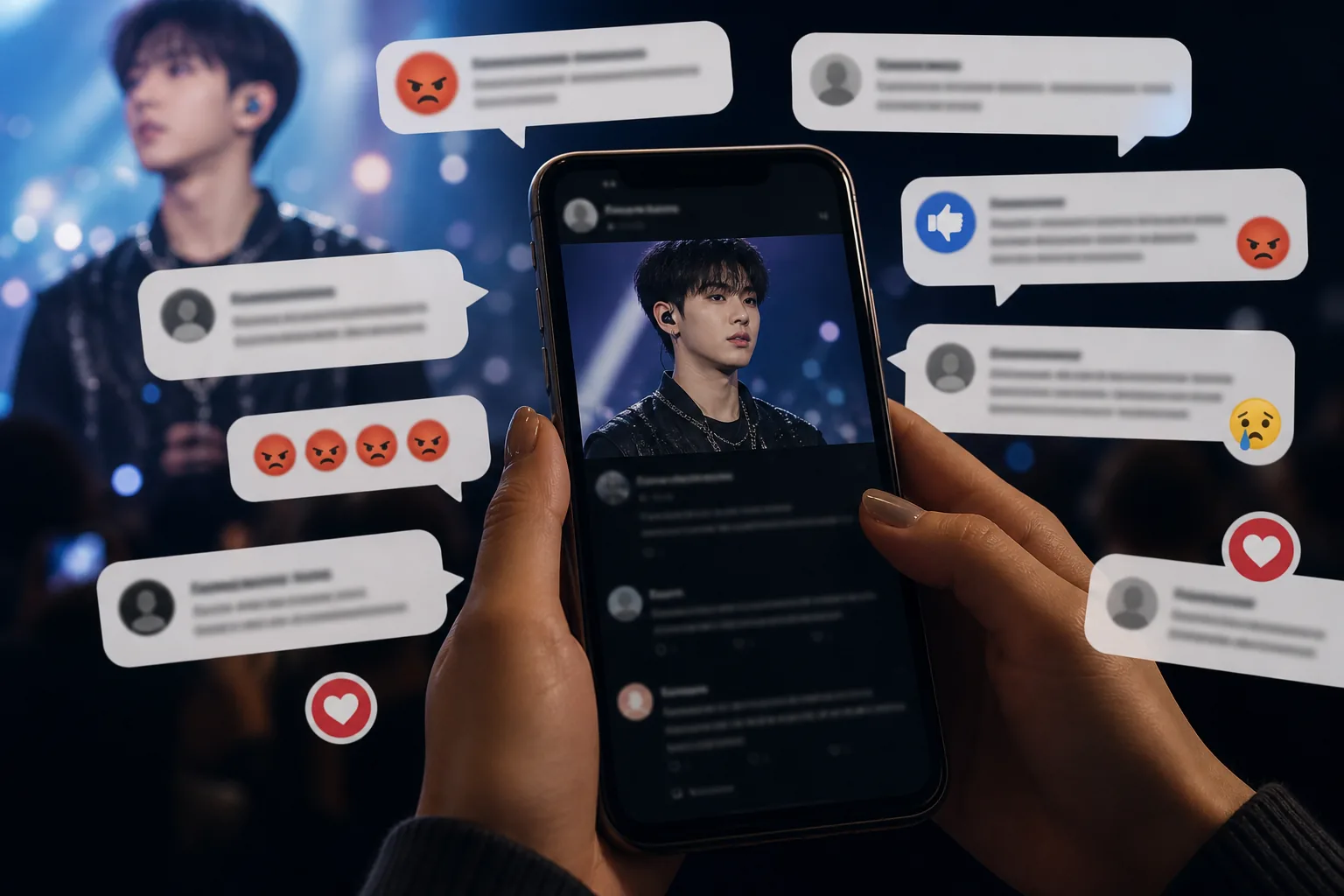 AI editorial image showing social media reactions around a K-pop idol visual debate