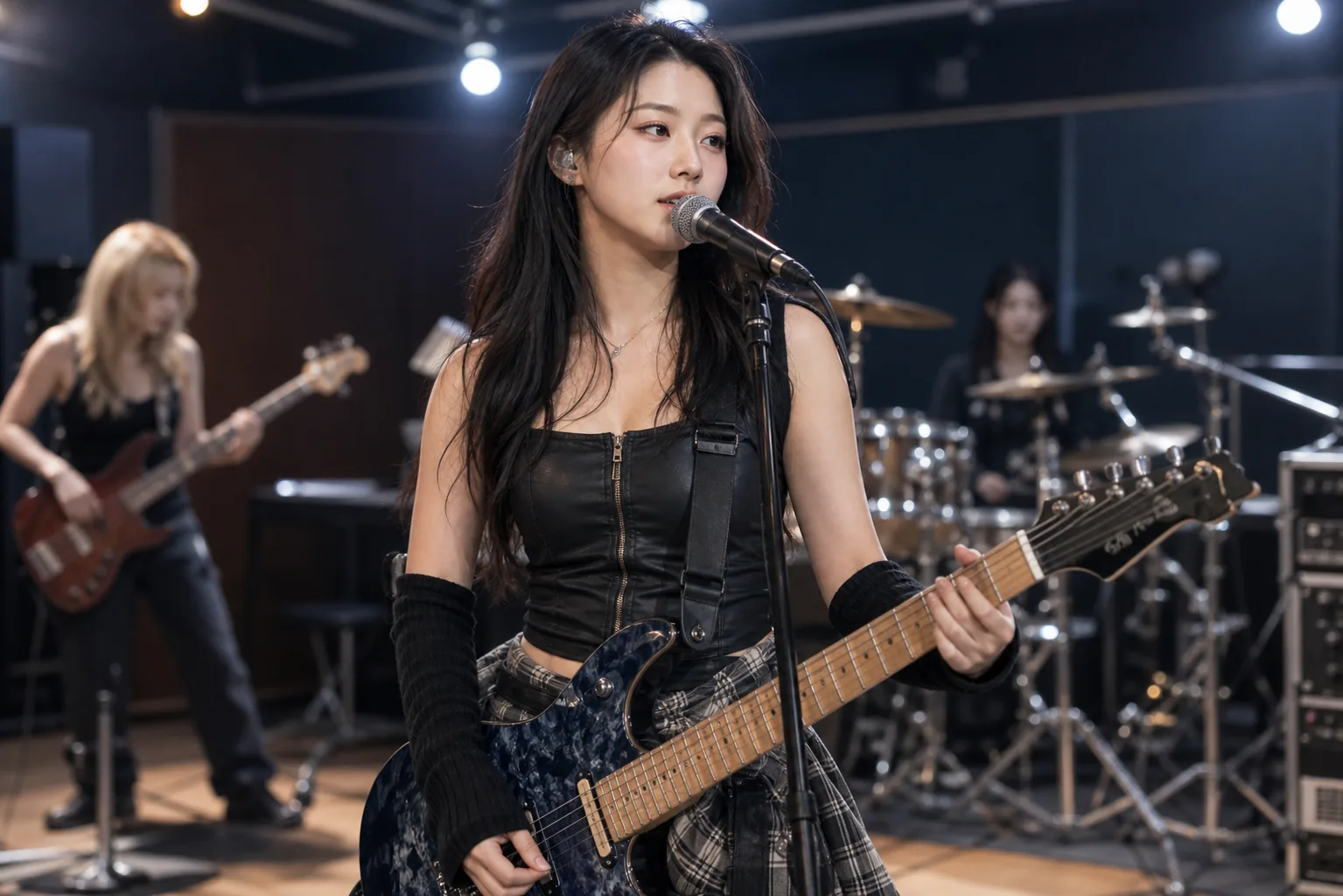 K-pop singer preparing for a rock concert performance in a rehearsal studio