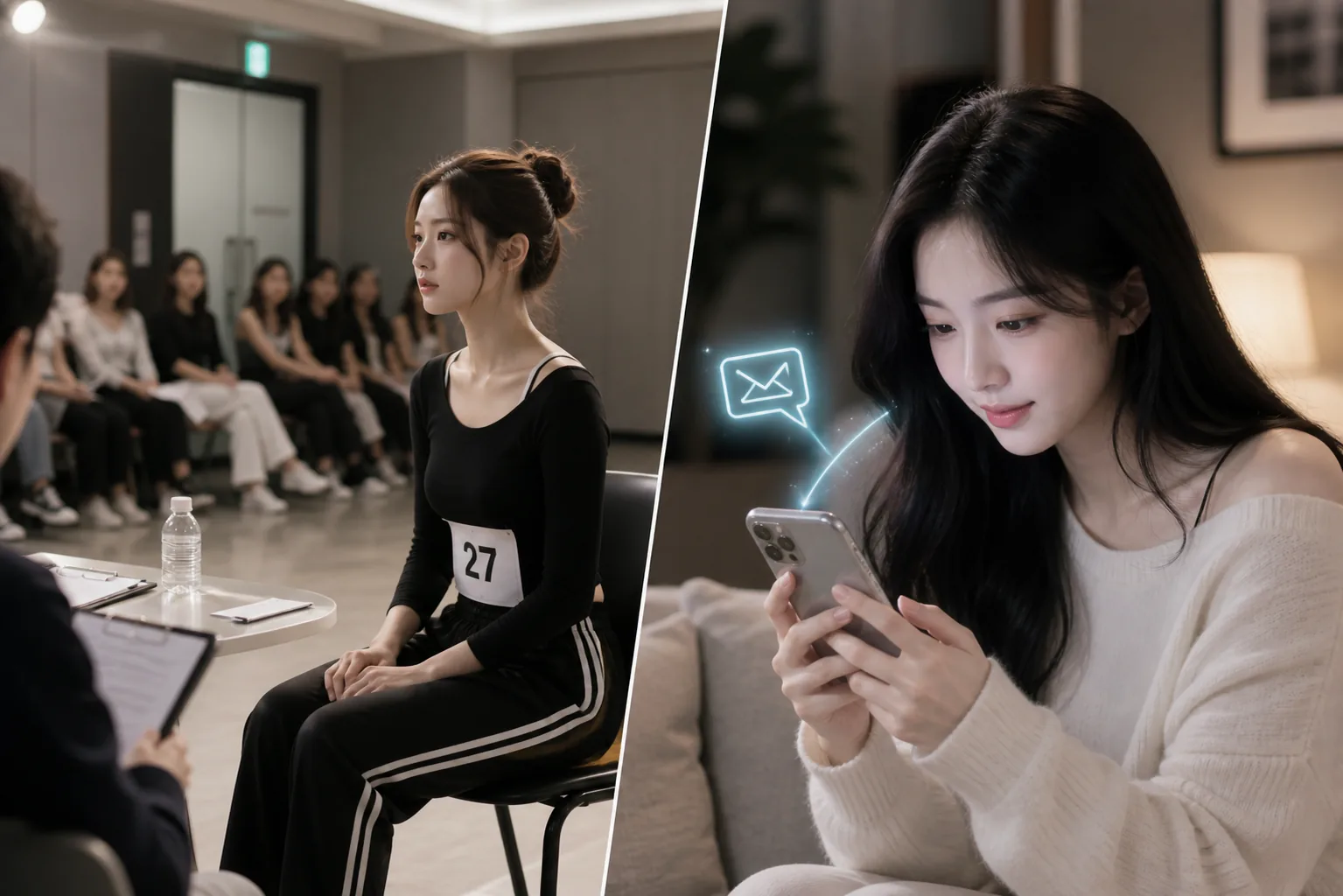 SM Entertainment idol casting process illustrated with audition room and social media message concept