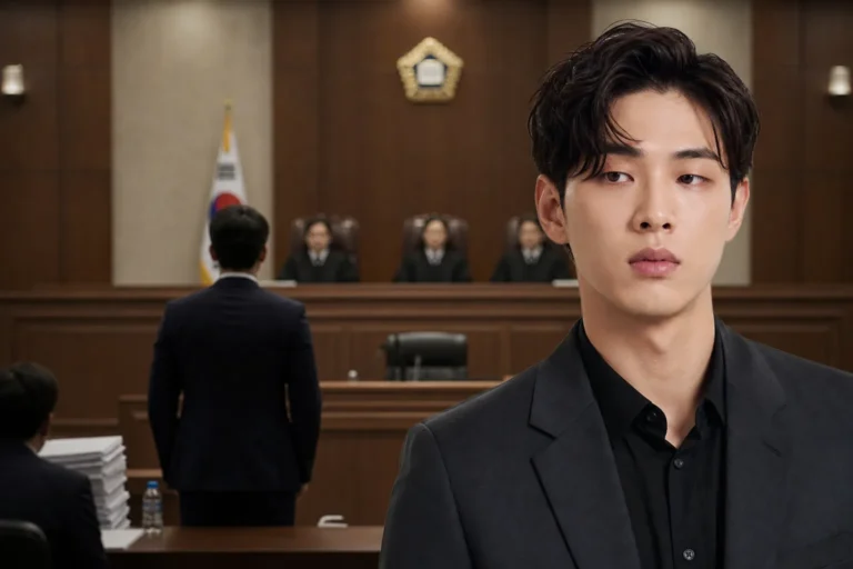 Courtroom and K-drama production imagery representing the finalized Ji Soo recasting damages case