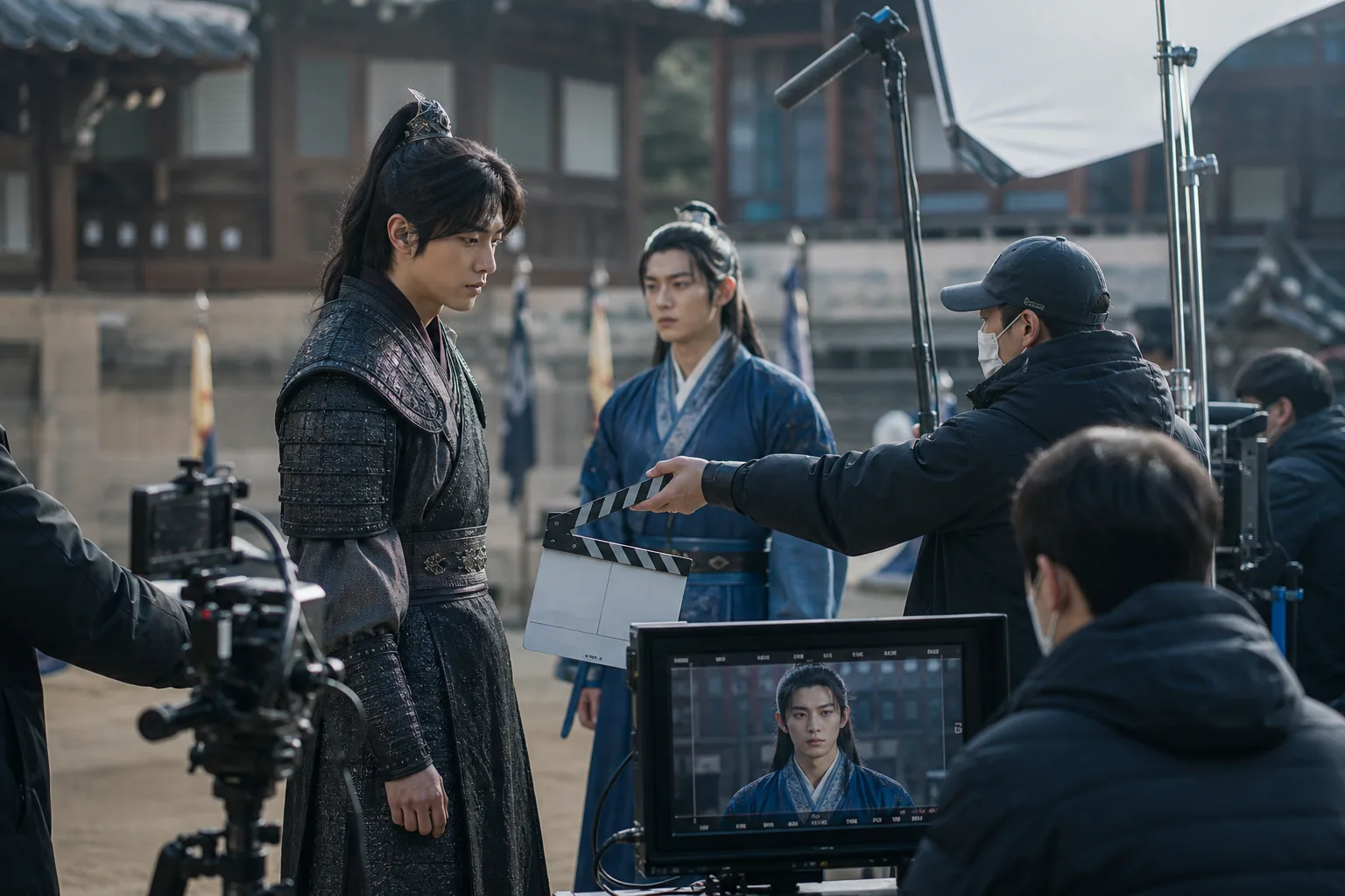 Korean drama set with production crew preparing for reshoots after a lead actor change