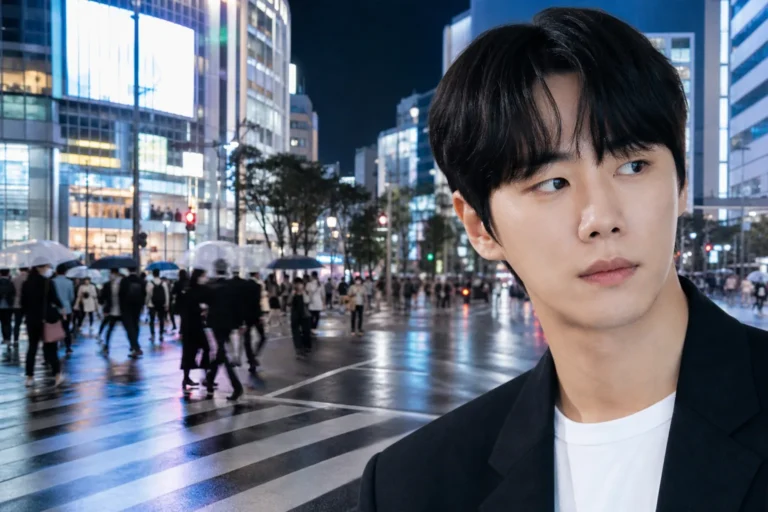 Lee Jun Young Japan training story illustrated with a busy Shibuya street scene