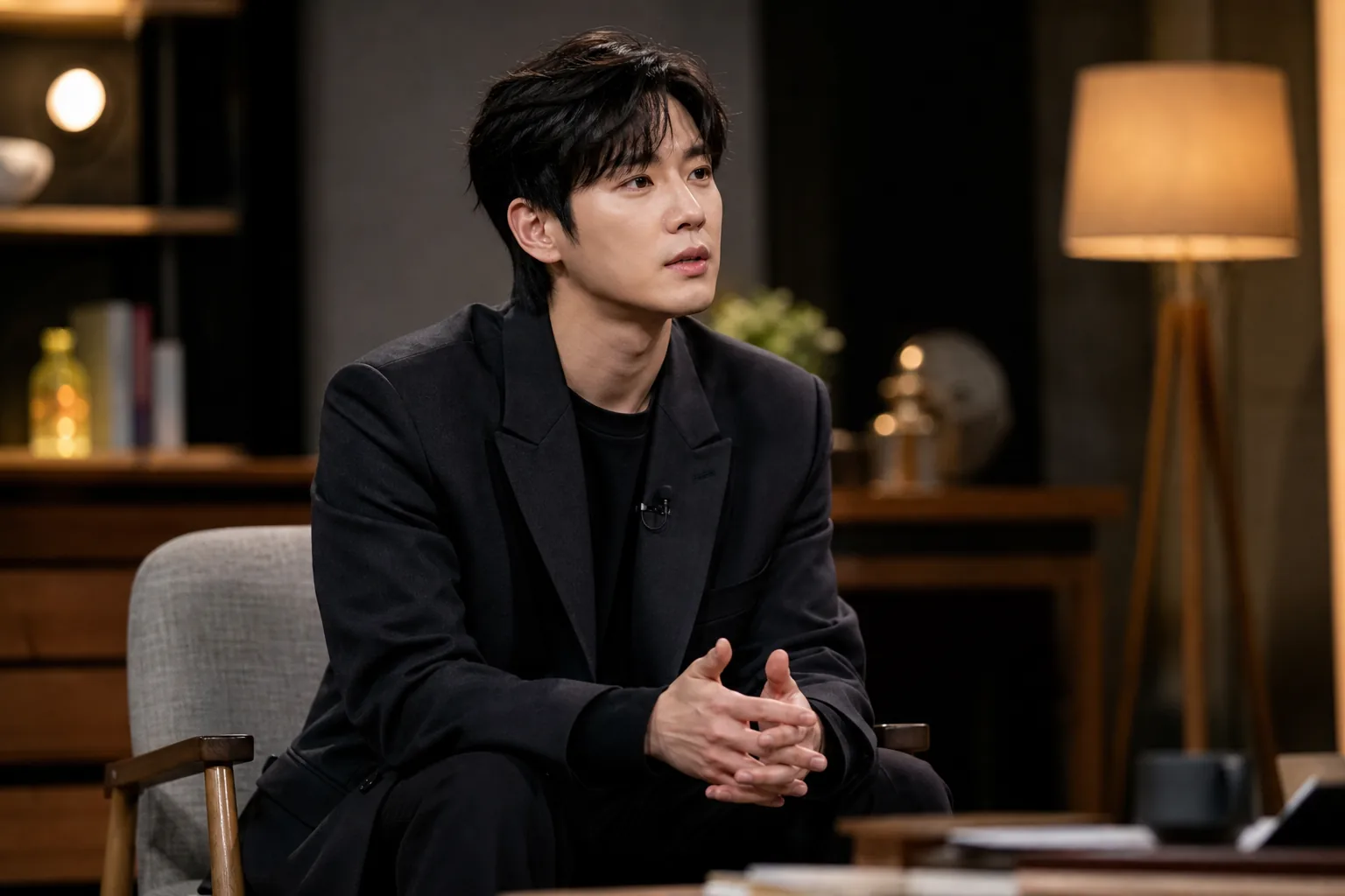 Quiet television studio scene representing Lee Jun Young reflecting on idol training