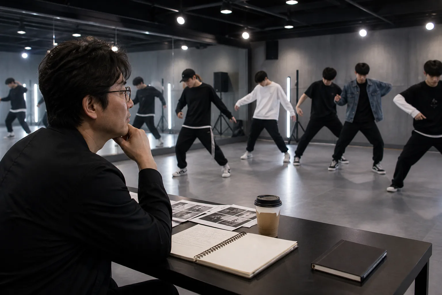 A modern Korean idol rehearsal studio representing Yoon Hyung-bin's boy group project