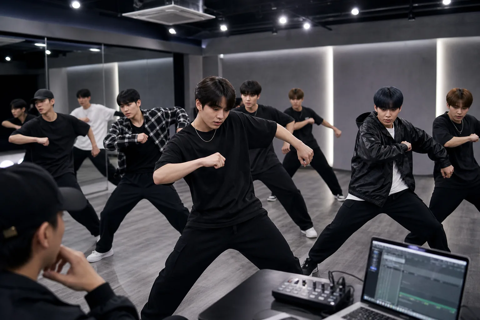 K-pop trainees rehearsing under entertainment agency lights