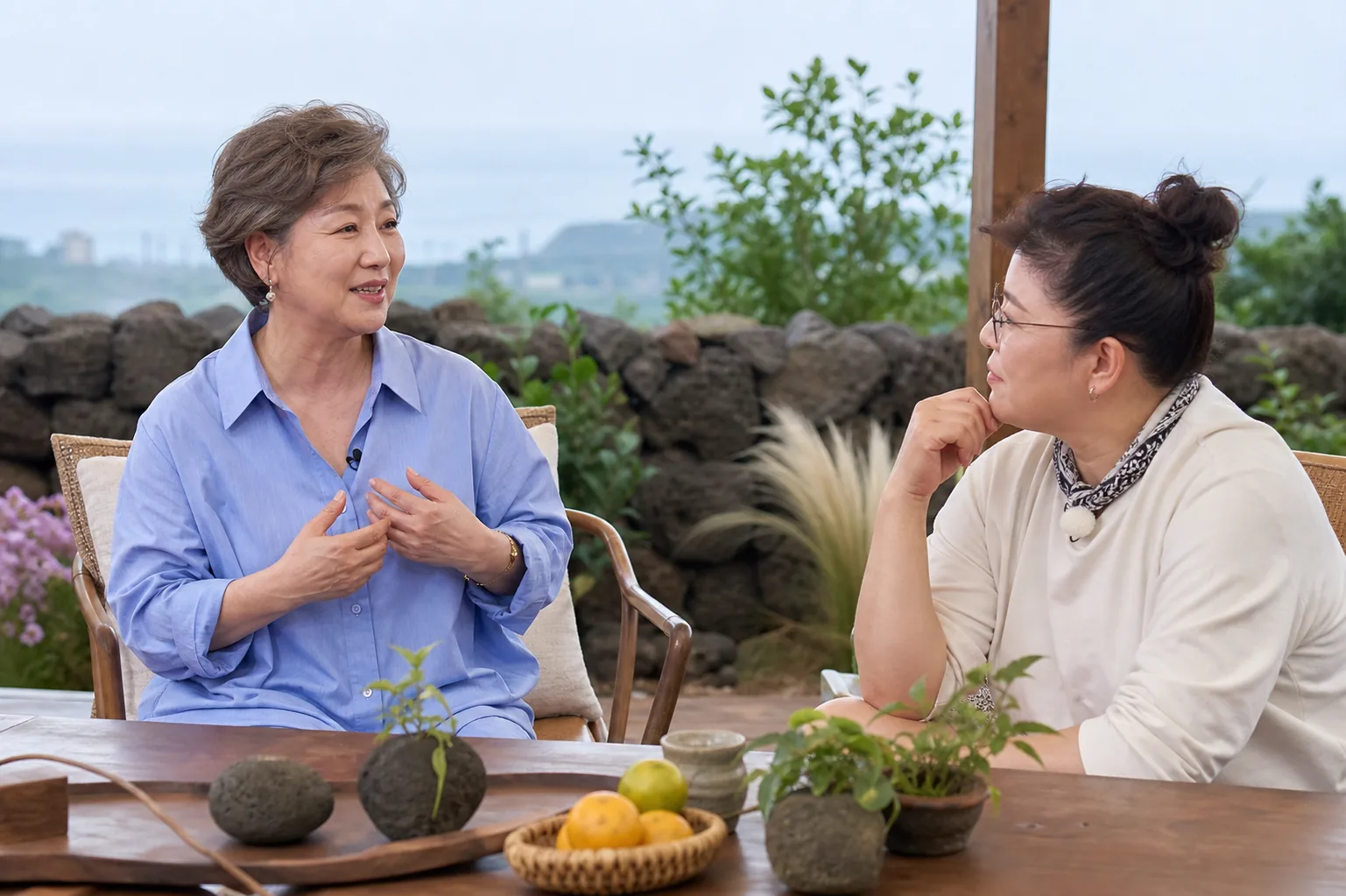 Korean actress discussing a film role on a television talk show