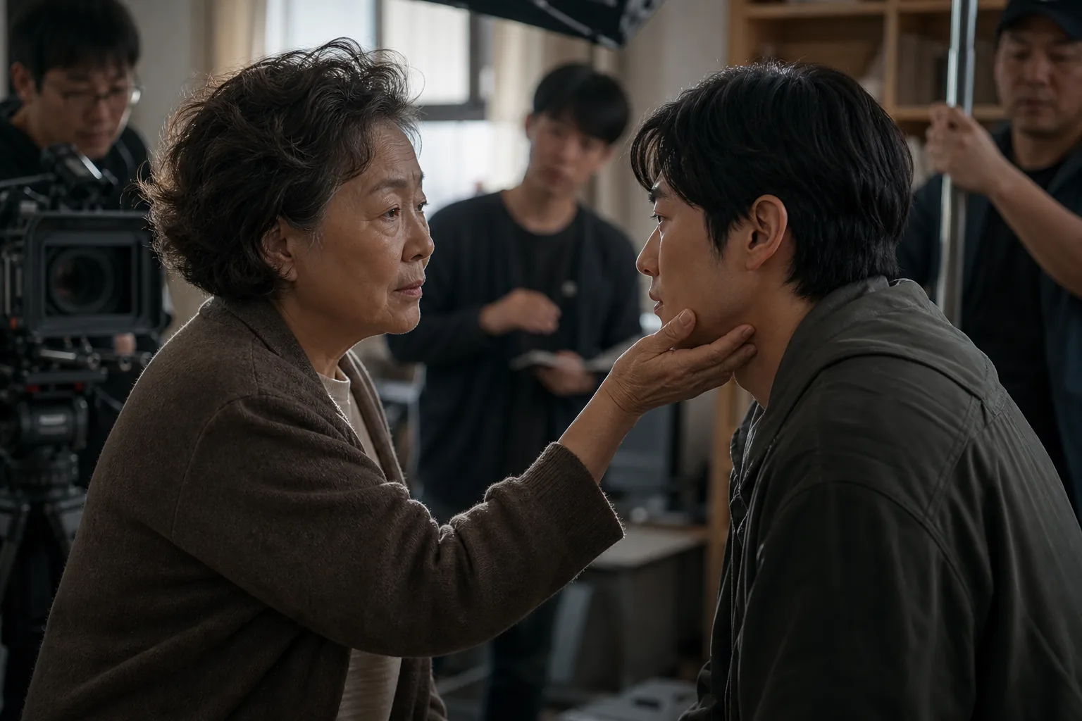 Korean film set showing actors preparing an emotional romance scene