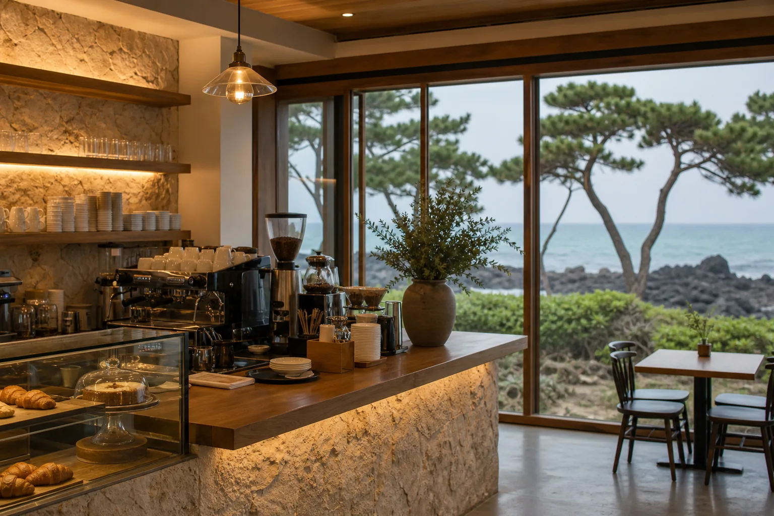 Jeju cafe counter representing Lee Dong Gun cafe reorganization hiatus