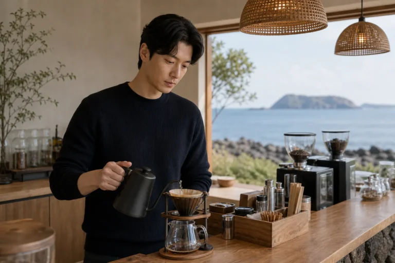 Editorial image of a quiet Jeju cafe preparing for temporary closure
