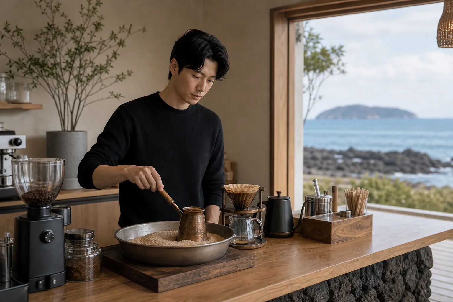 Quiet Jeju cafe counter with sand coffee setup during reorganization period