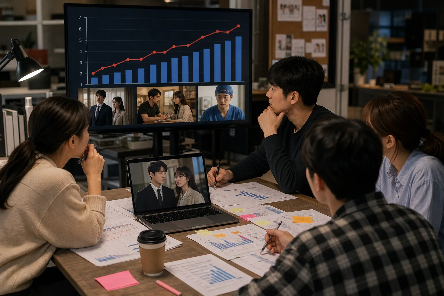 Television production team reviewing drama audience charts