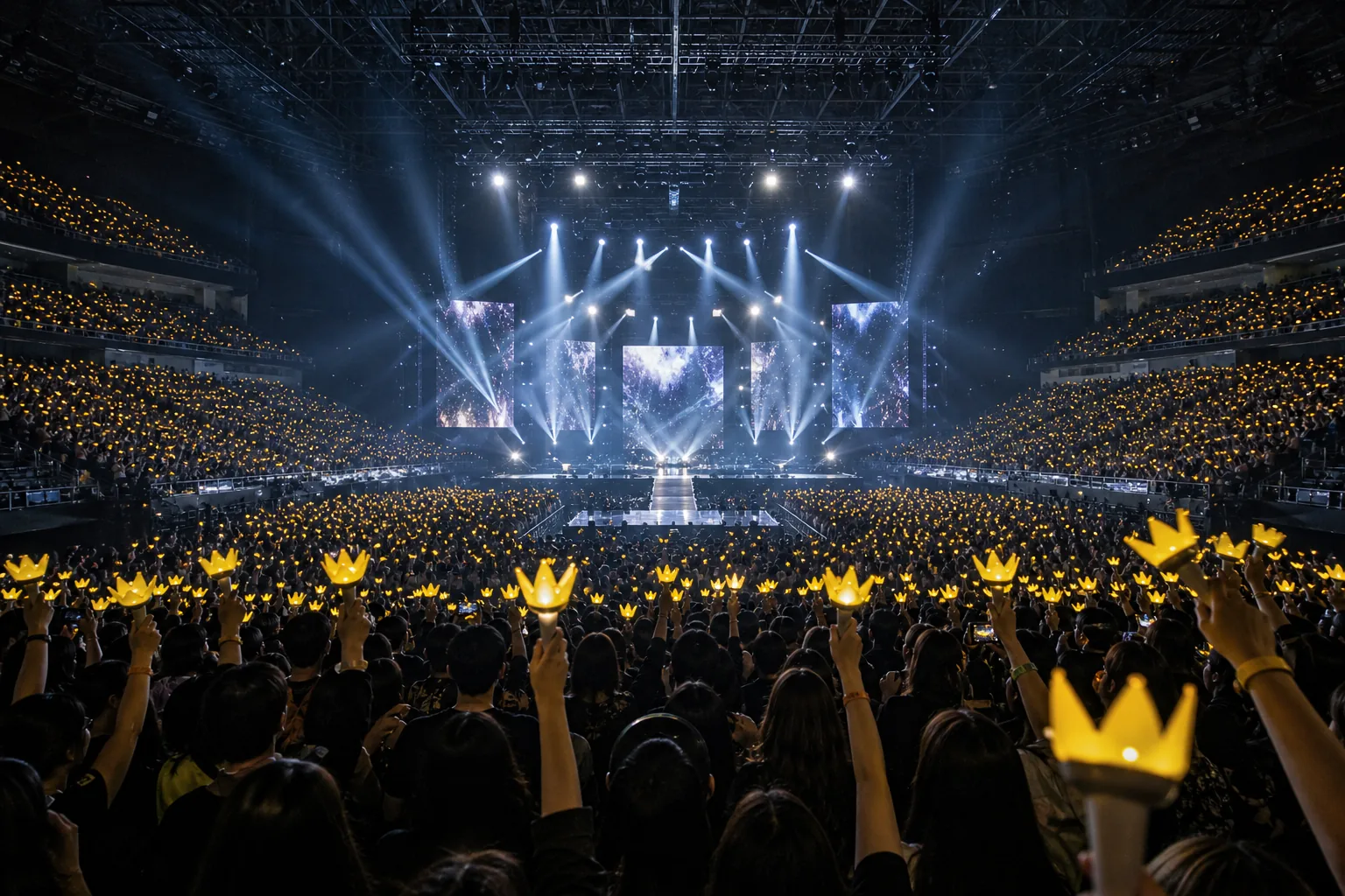 Concert arena lights symbolizing BIGBANG's upcoming Goyang world tour opening