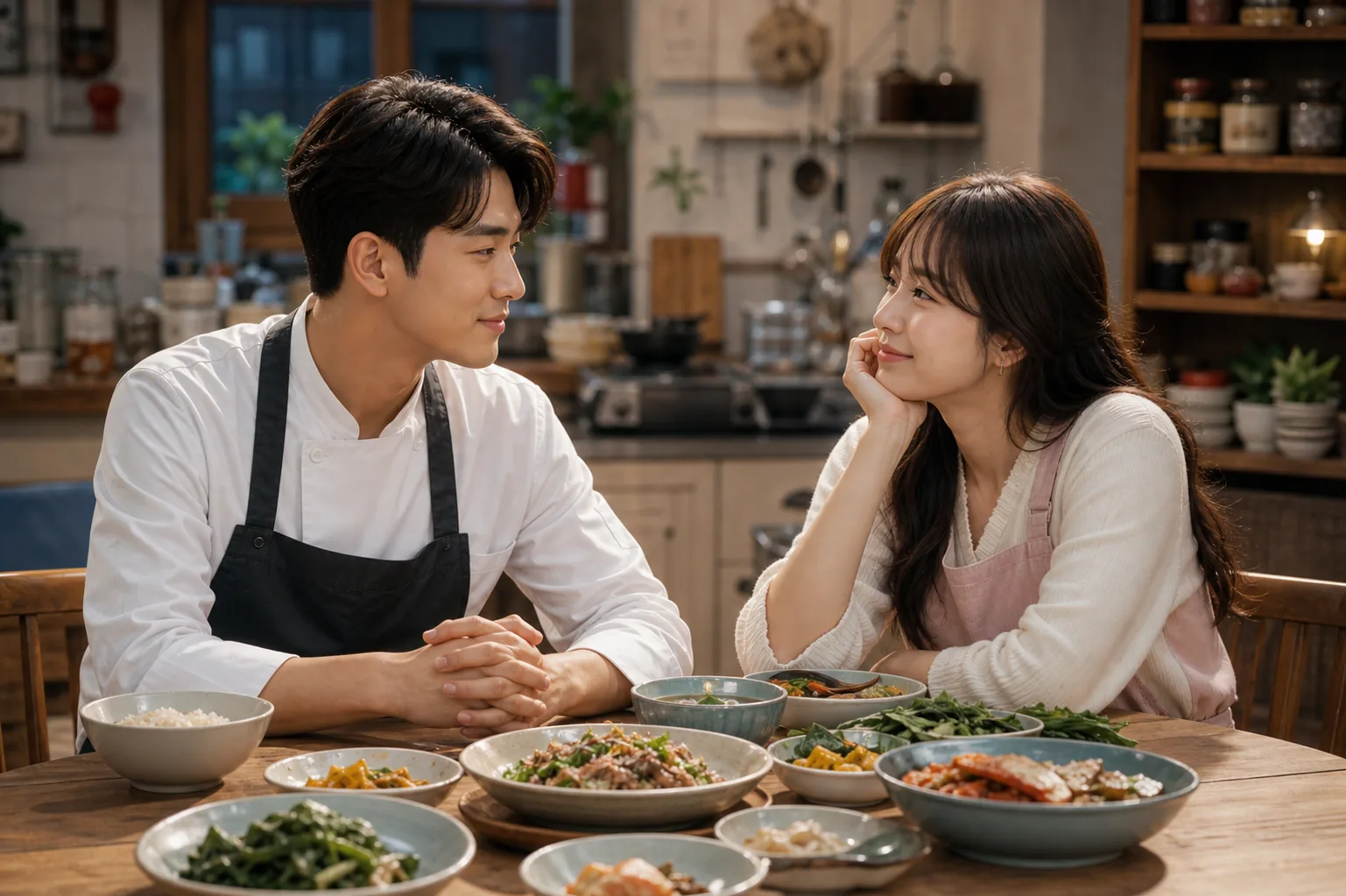 Korean family romance drama table and restaurant setting