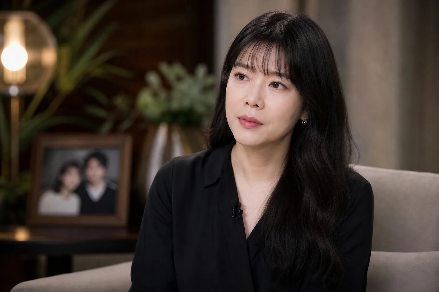Quiet television interview setting for a Korean singer discussing divorce