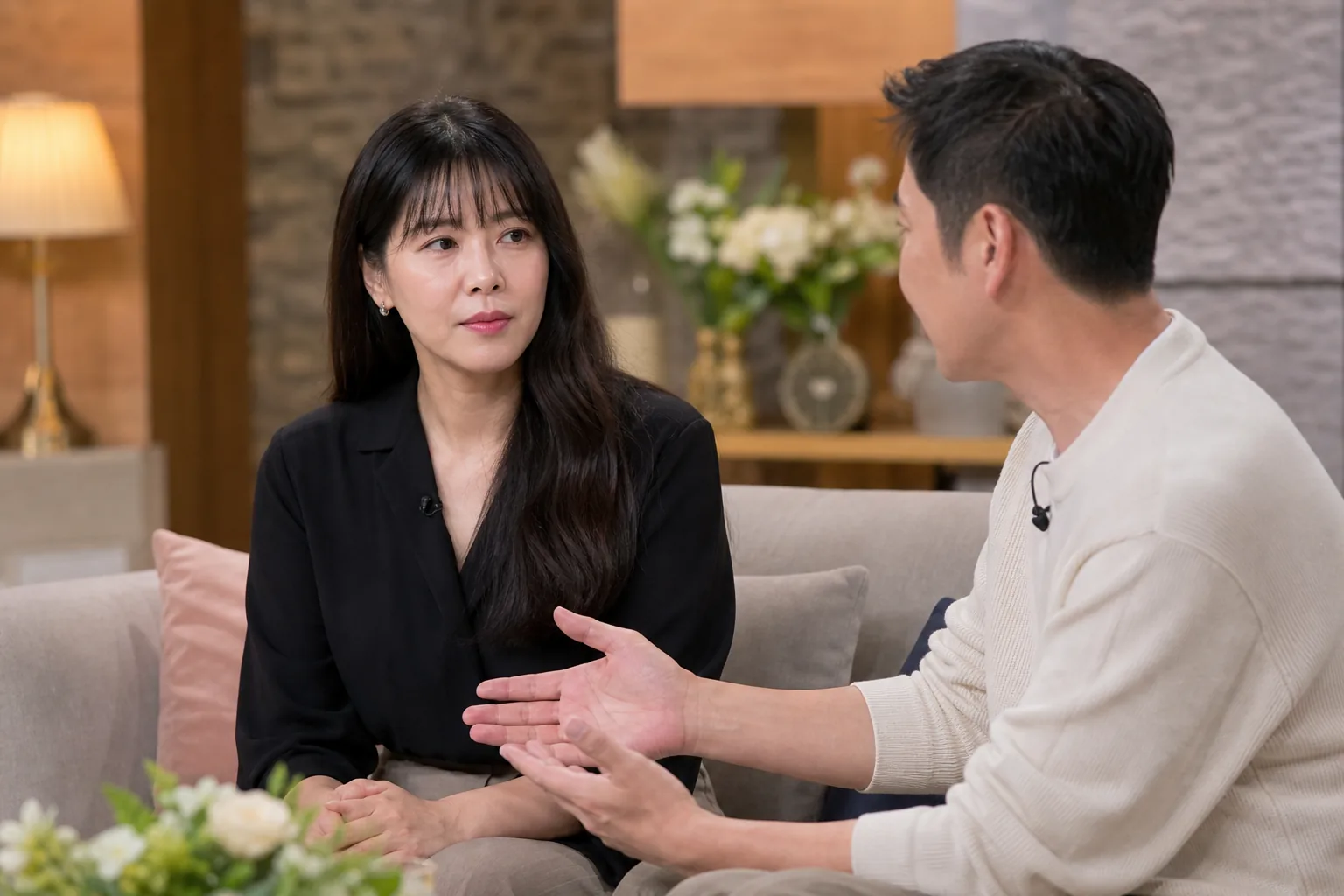 Studio discussion scene about public celebrity relationships in Korea