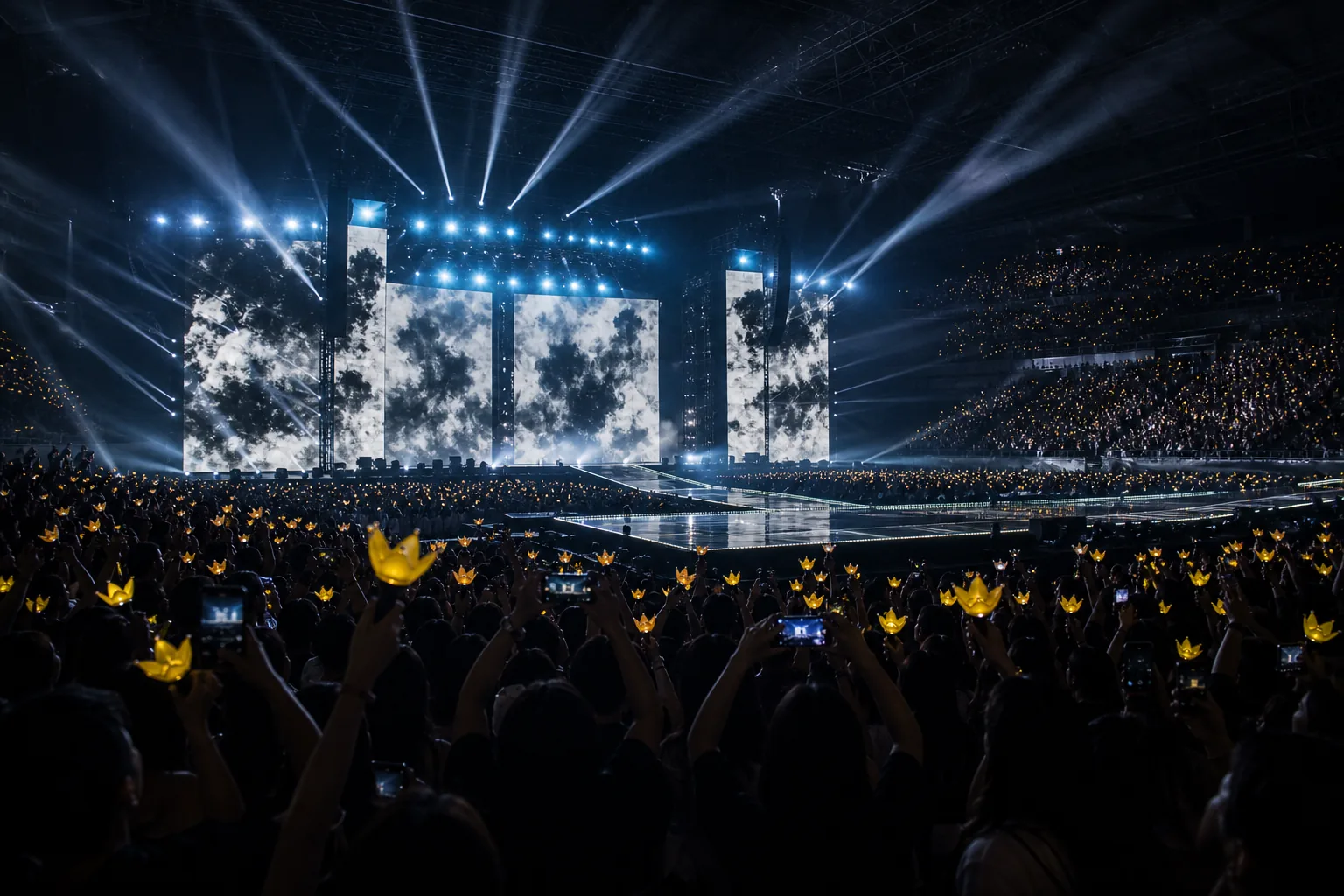 Large K-pop concert stage representing BigBang 2026 world tour
