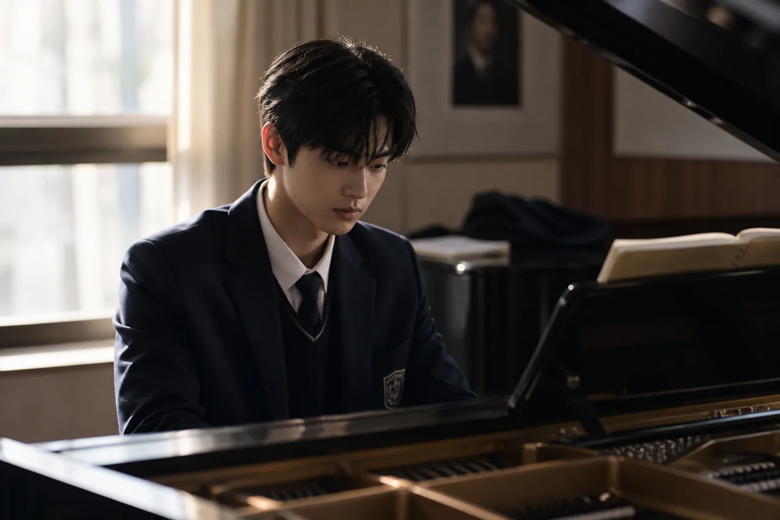 Young pianist practicing in Korean arts school drama setting