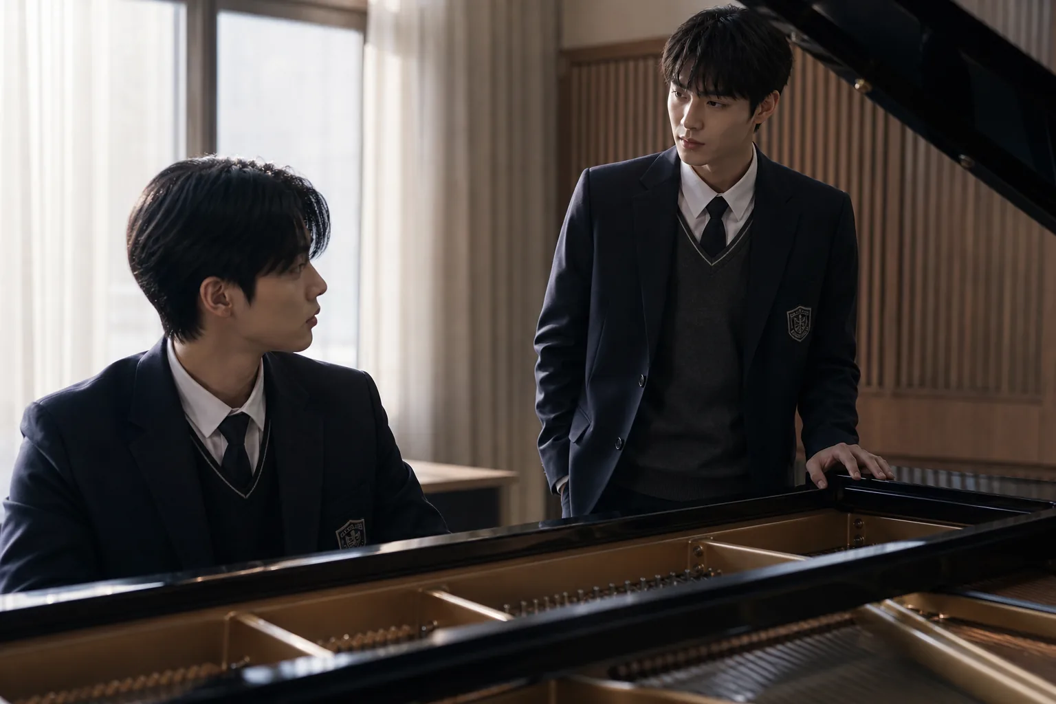 Two rival student pianists at a grand piano in coming of age Korean drama