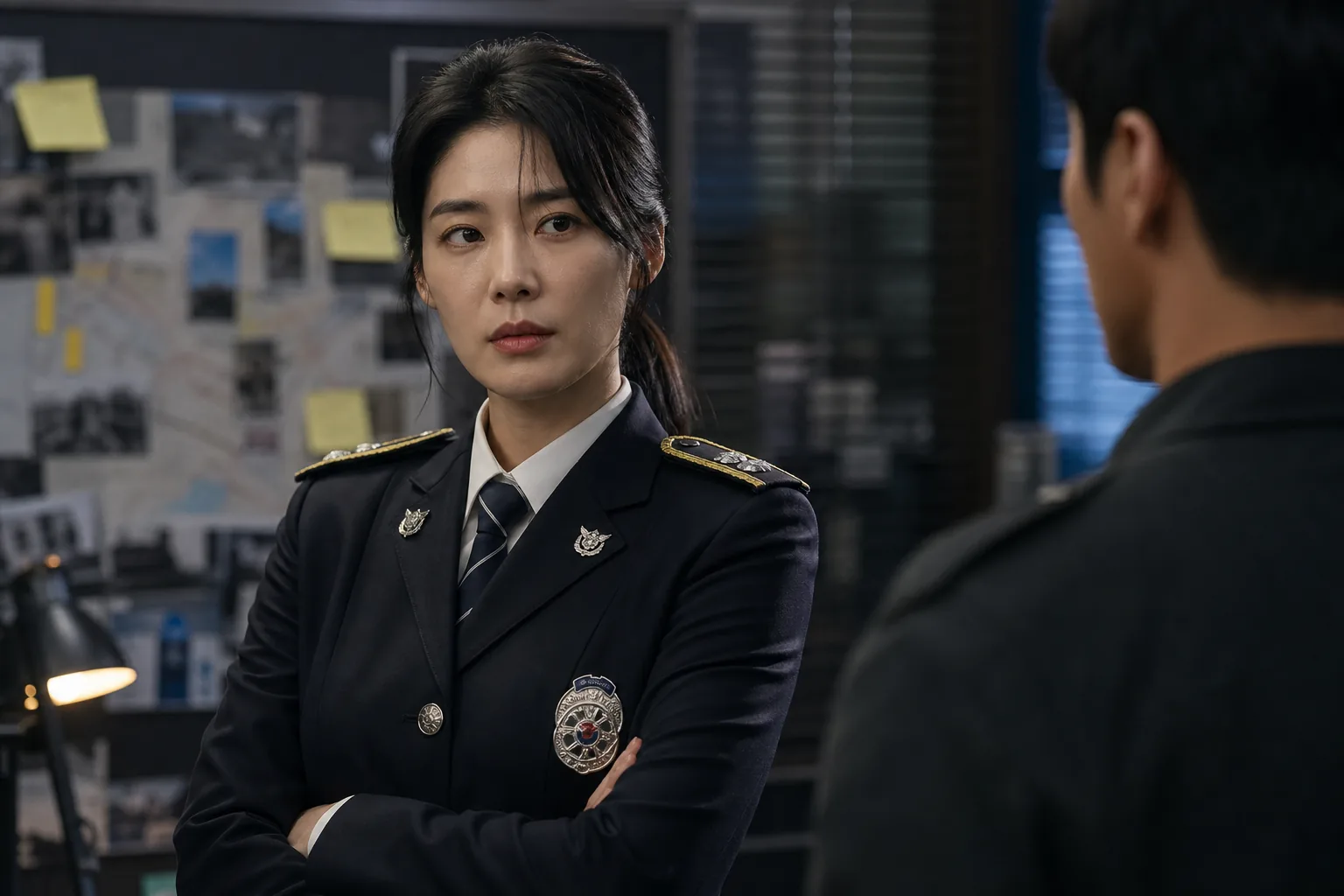 Veteran Korean drama detective character in a sharp police uniform