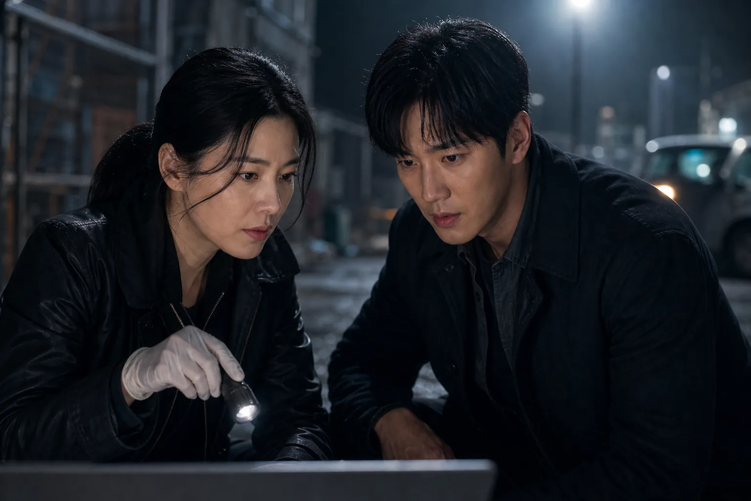 Korean crime drama partners investigating a case at night
