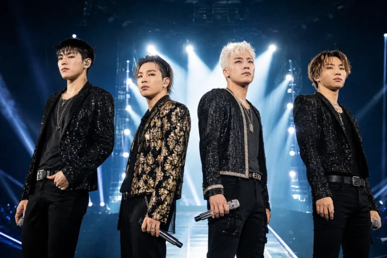 BIGBANG 2026 comeback news represented by a modern K-pop concert stage