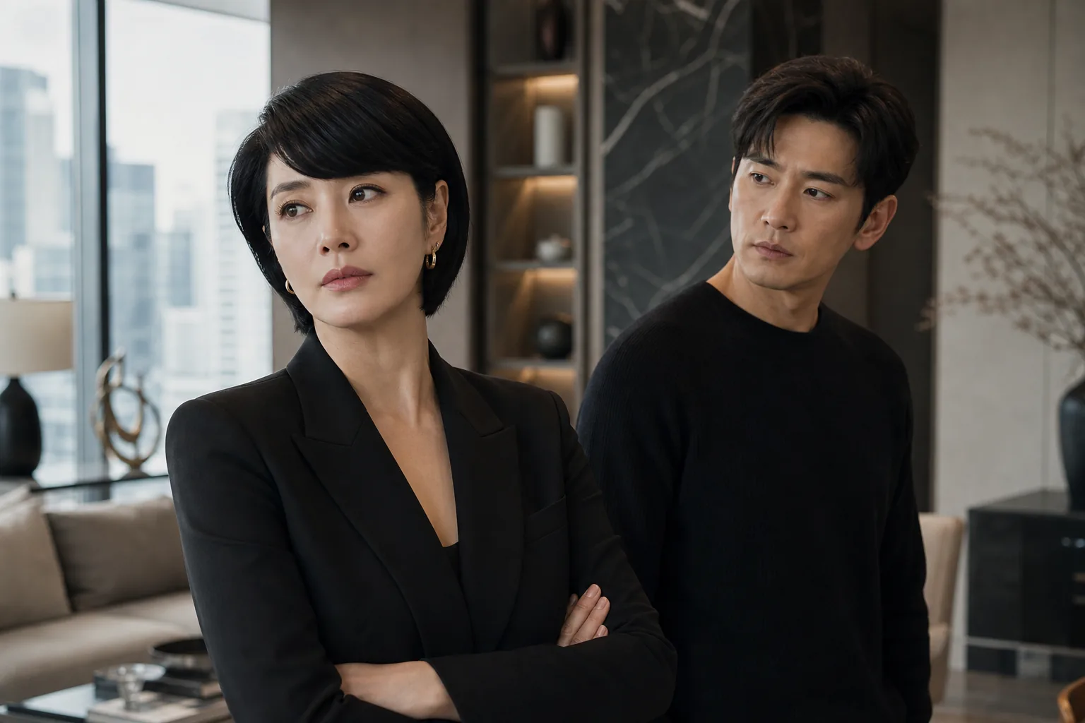 AI generated editorial image of a polished influencer couple in a luxury apartment setting