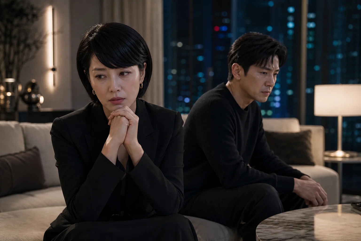 AI generated editorial image showing a tense nighttime moment in a Korean black comedy drama
