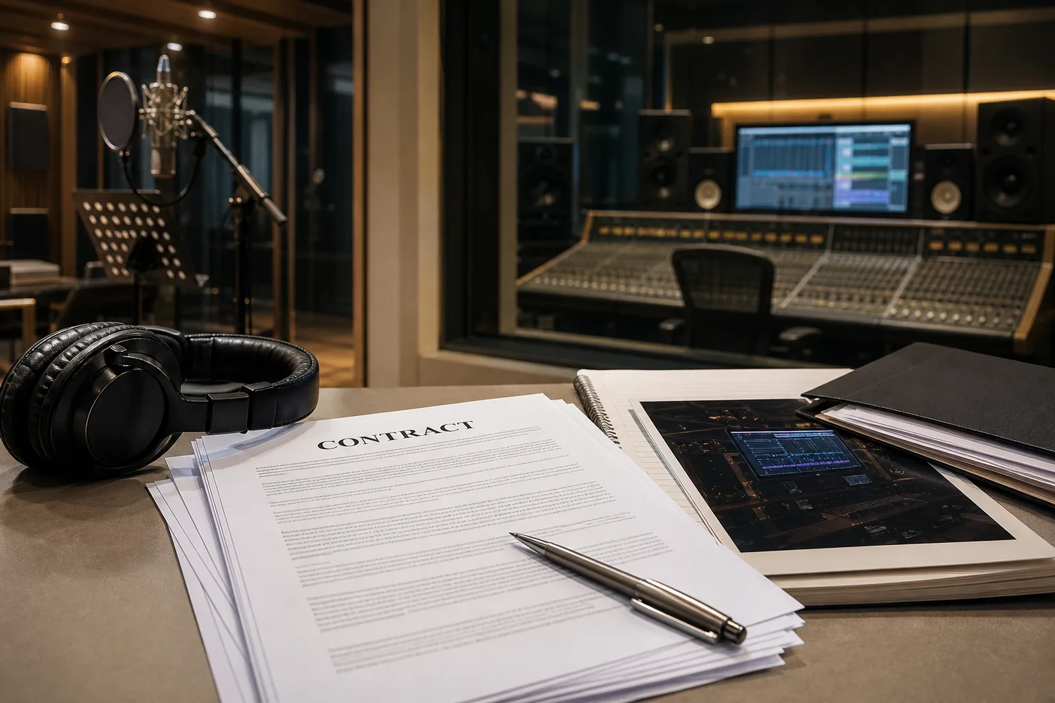 K-pop contract dispute documents and recording studio concept