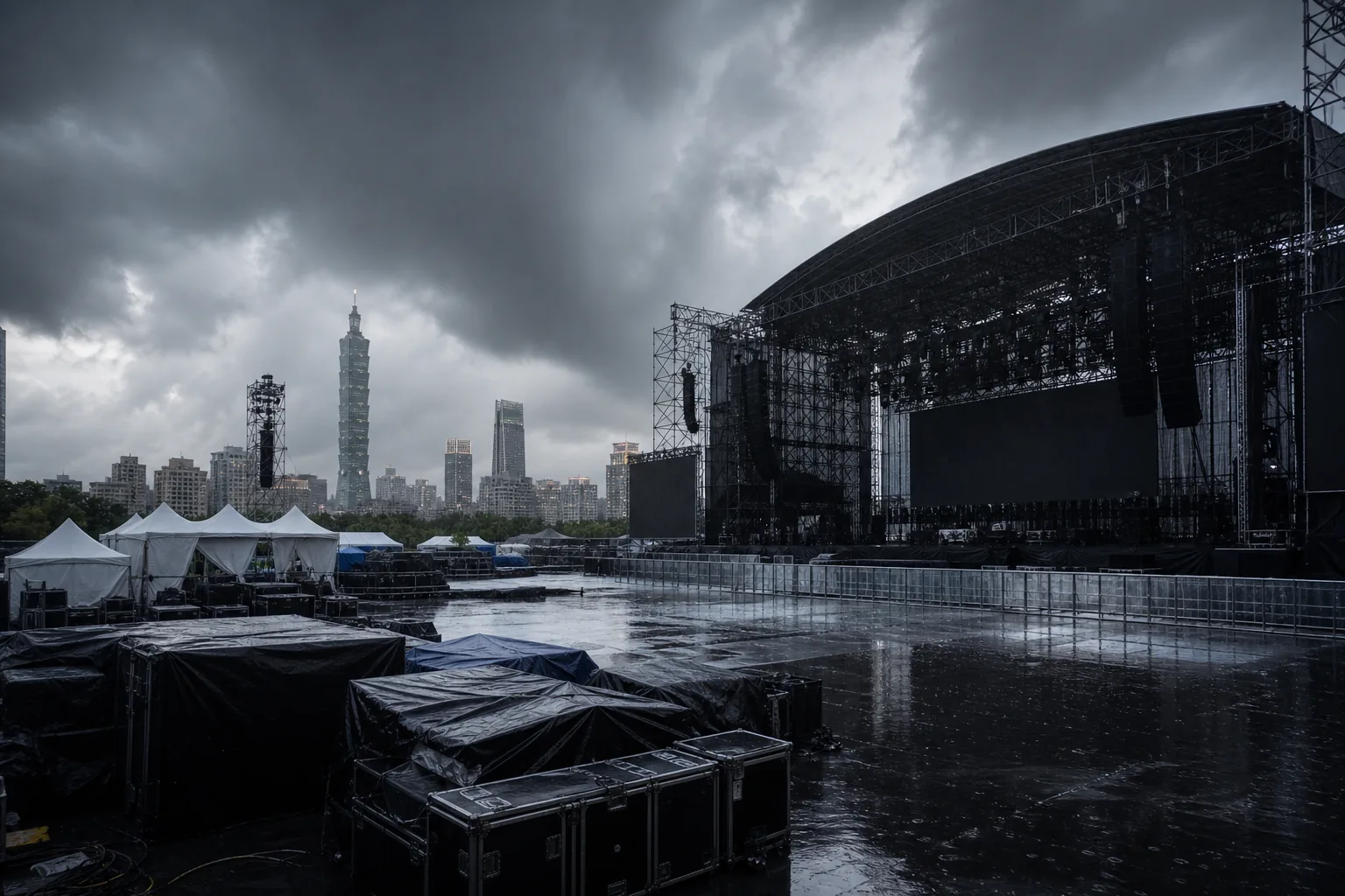K-pop concert stage preparation affected by severe weather in Taipei