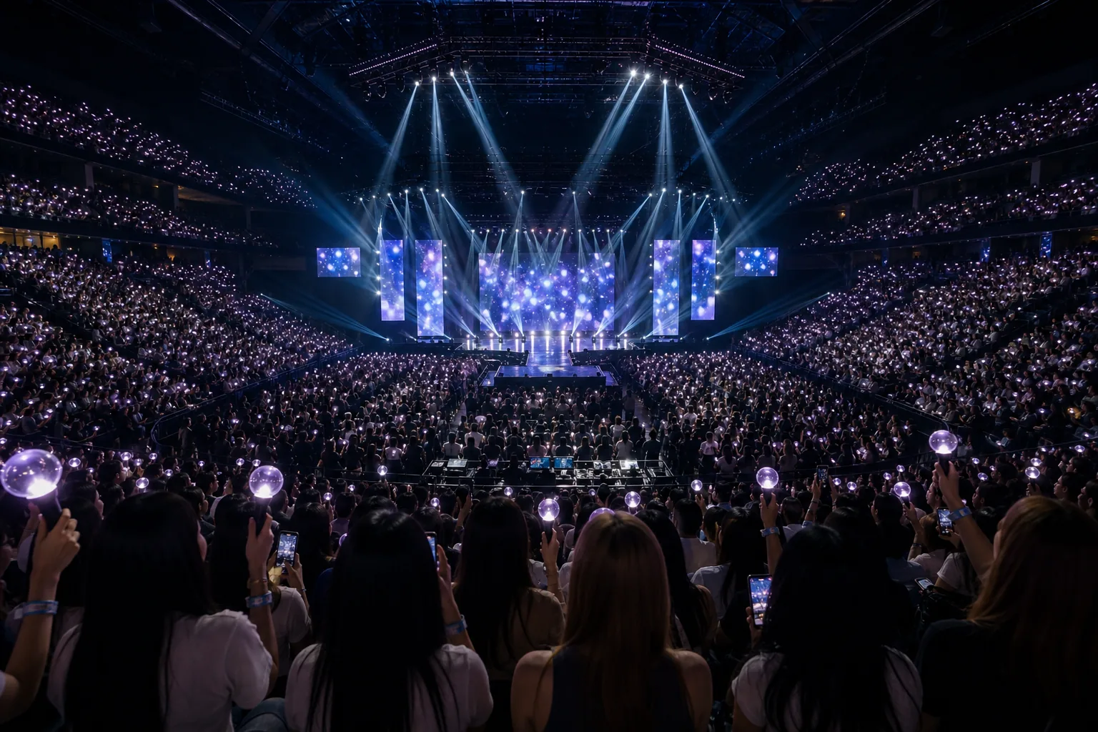 K-pop fans entering a Los Angeles concert arena for a reunion stage