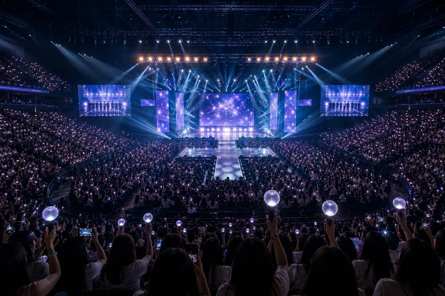 Modern K-pop stage lights representing third generation idol nostalgia