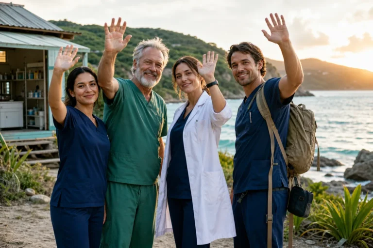 Remote island clinic scene inspired by Doctor on the Edge finale