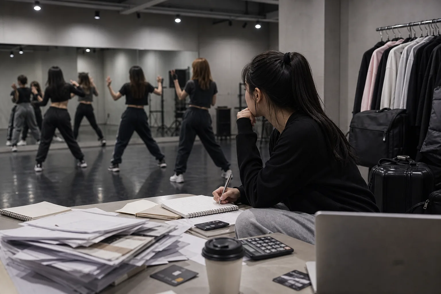 K-pop idol practice room and production costs illustration