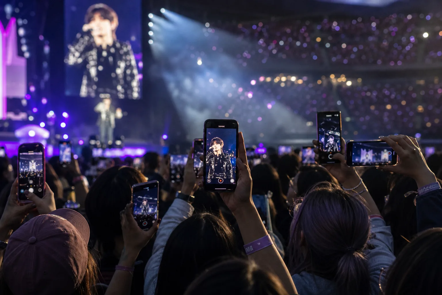 Fans watching a concert clip on phones as BTS V lip reading debate spreads online