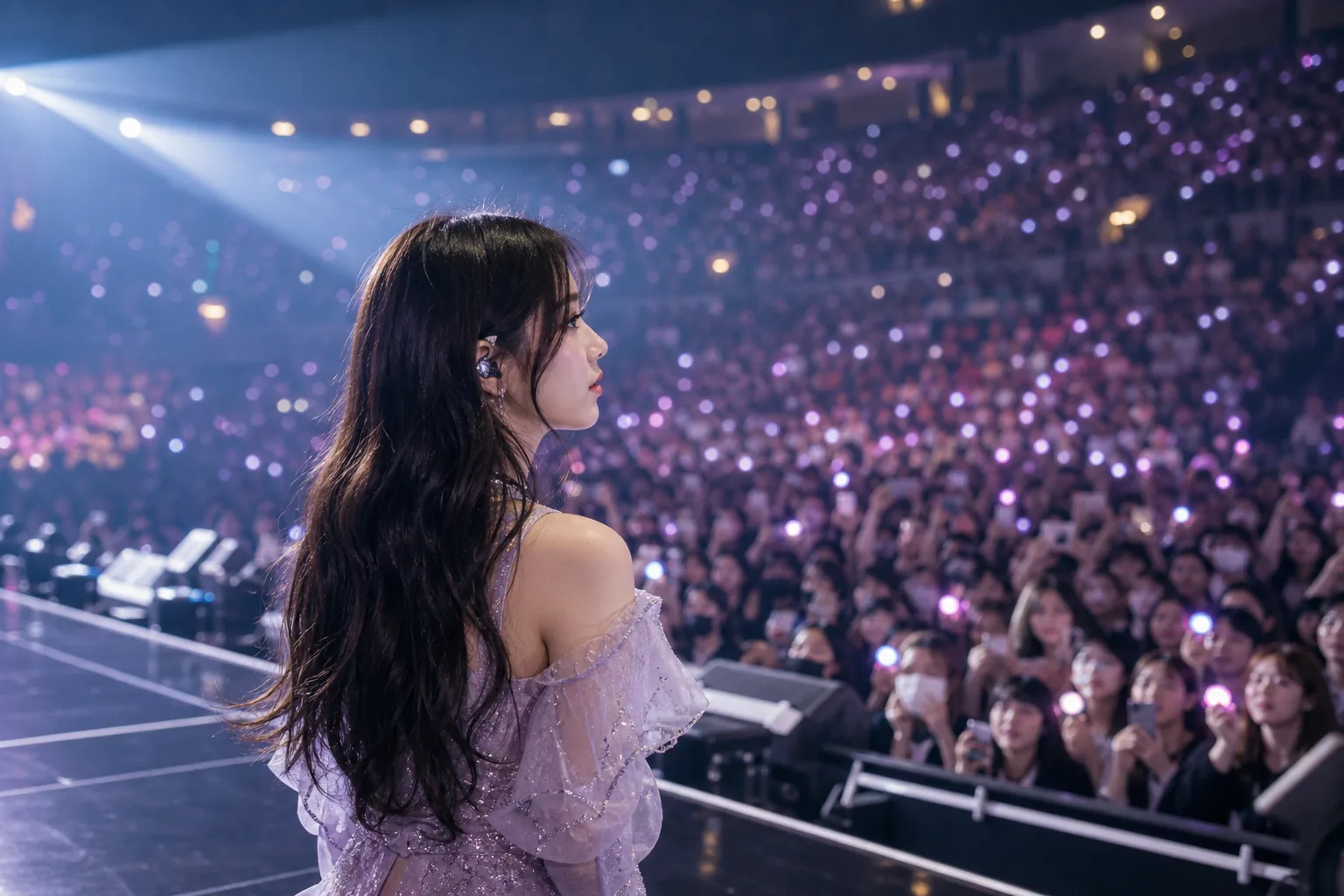 Modern K-pop stage representing global idols and cultural scrutiny