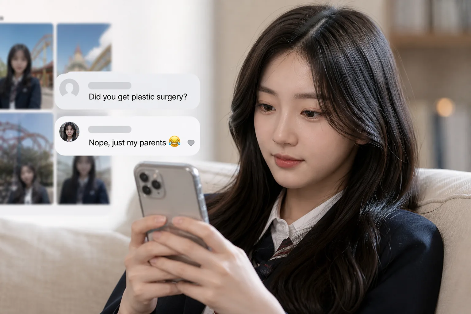 AI editorial image of a phone screen representing online comments about a Korean entertainment figure