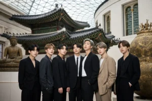 Museum gallery display highlighting Korean cultural heritage connected to BTS and Arirang