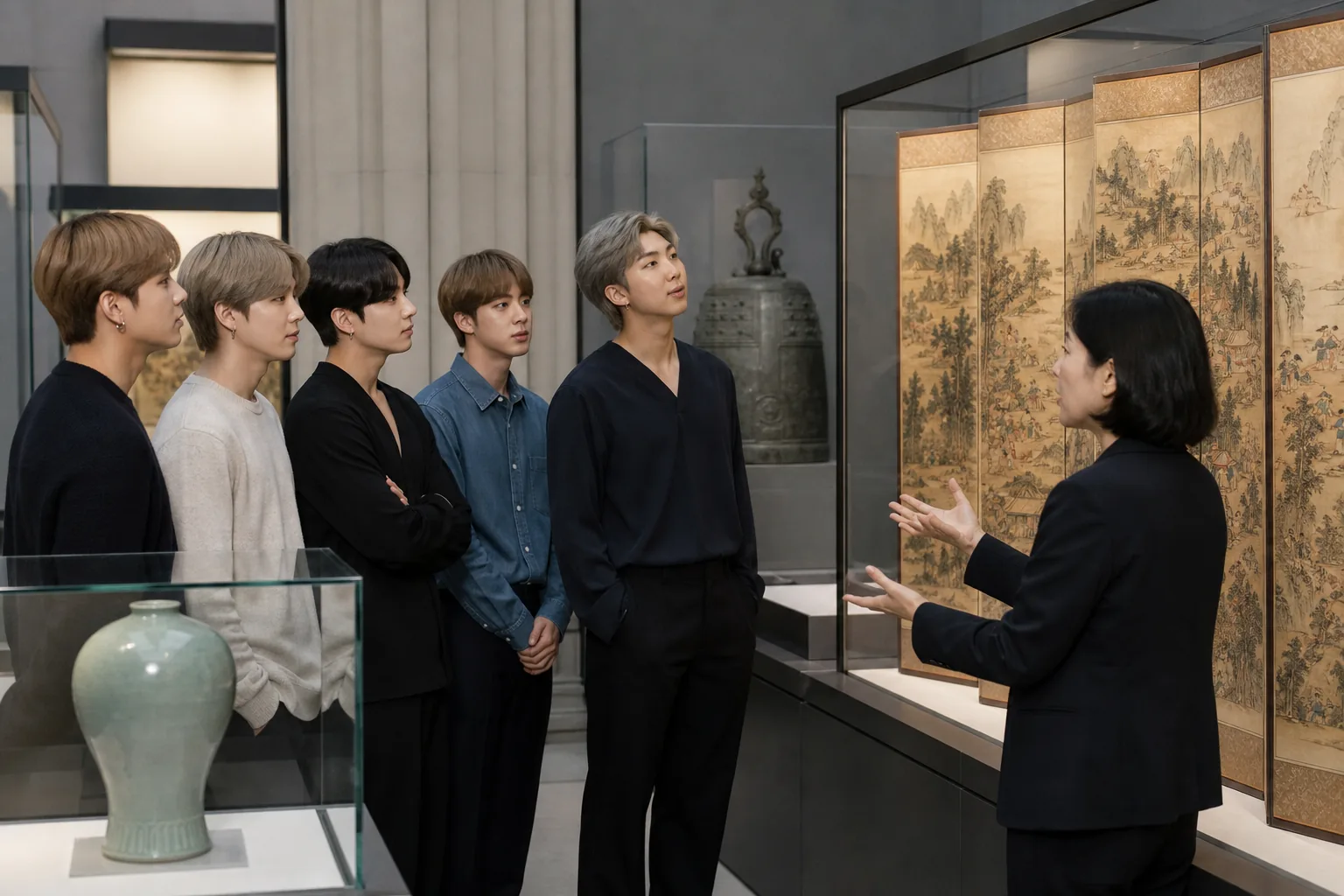 Visitors viewing Korean heritage objects in a museum gallery inspired by BTS Arirang collaboration