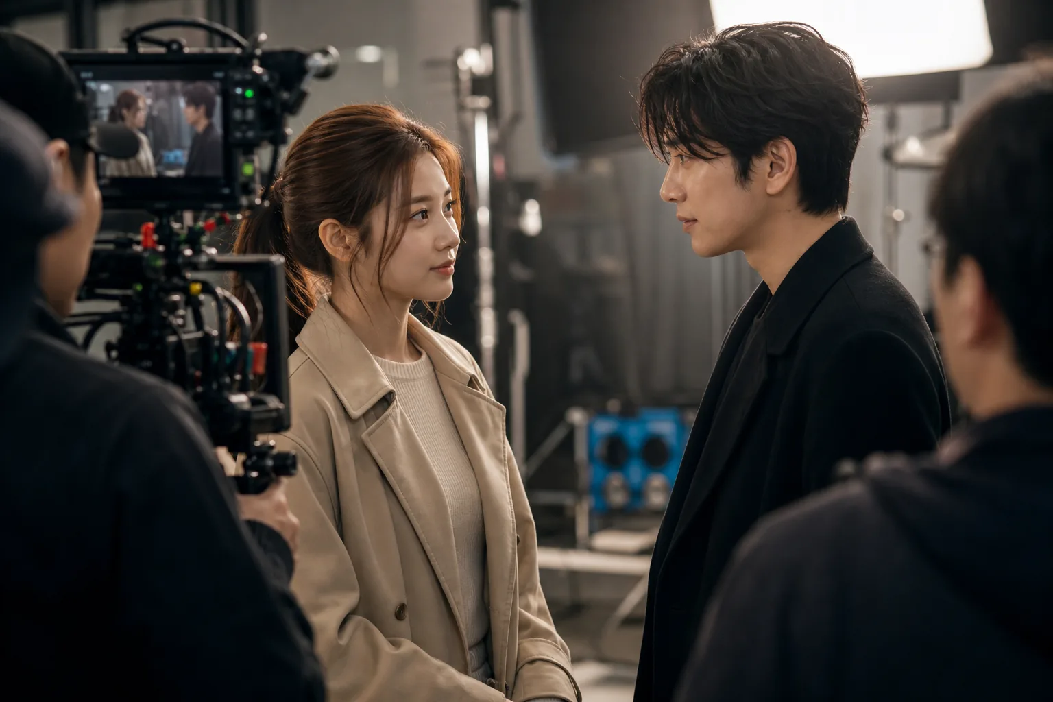 Concert stage and film camera concept showing K-pop idols moving into acting