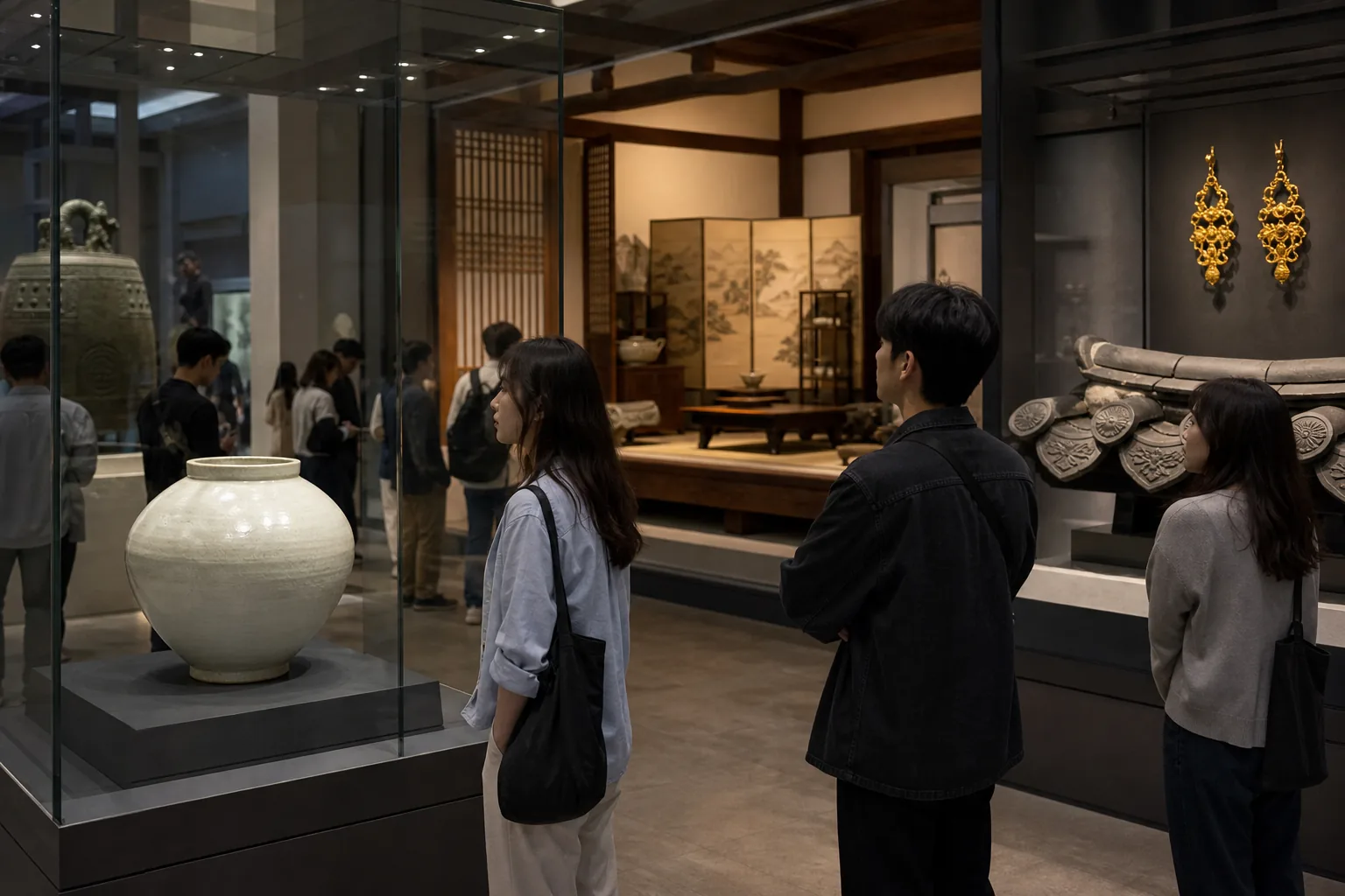 Visitors exploring Korean cultural artifacts in a museum gallery inspired by BTS Arirang