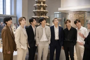 Visitors exploring Korean cultural artifacts at a museum during BTS Arirang London events